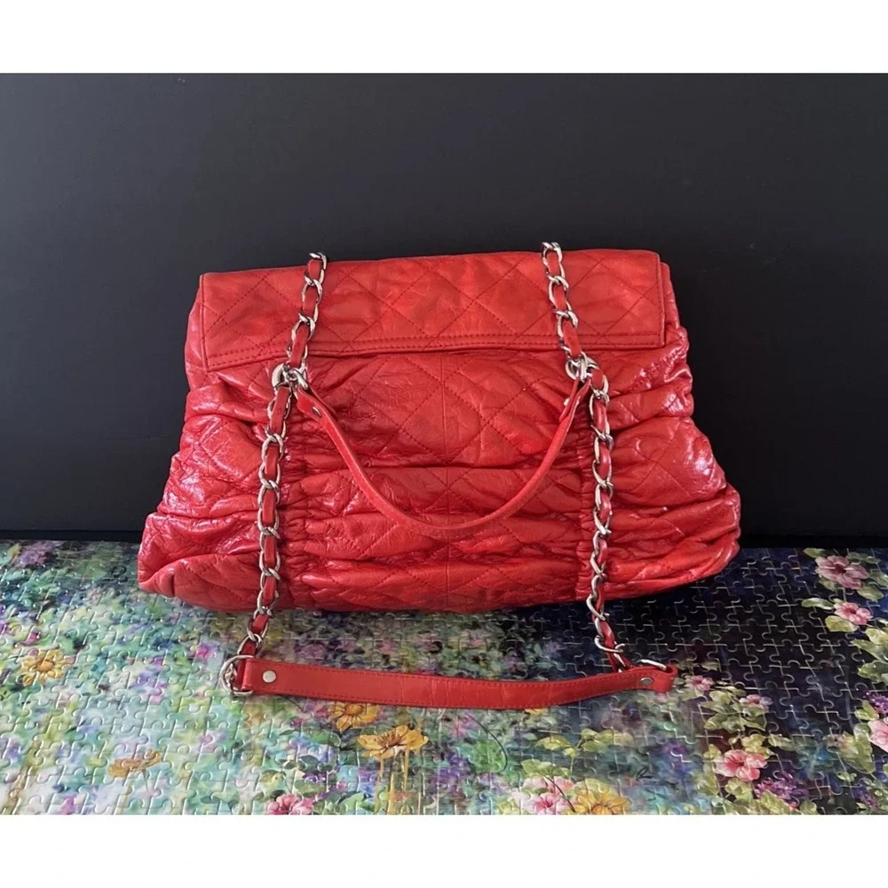 Red Quilted Stitched Fold Over Shoulder Bag Silver Hardware Double Handled Purse